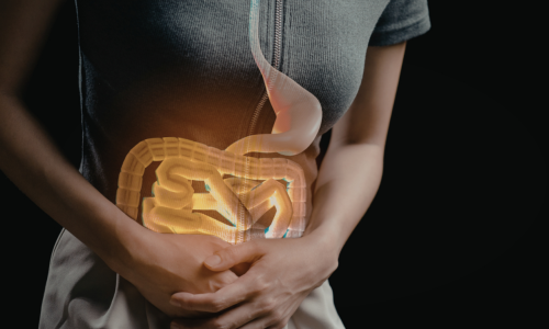 Wizualizacja układu pokarmowego na sylwetce osoby trzymającej się za brzuch, symbolizująca diagnostykę i udział w badaniach klinicznych nad chorobą Leśniowskiego-Crohna.